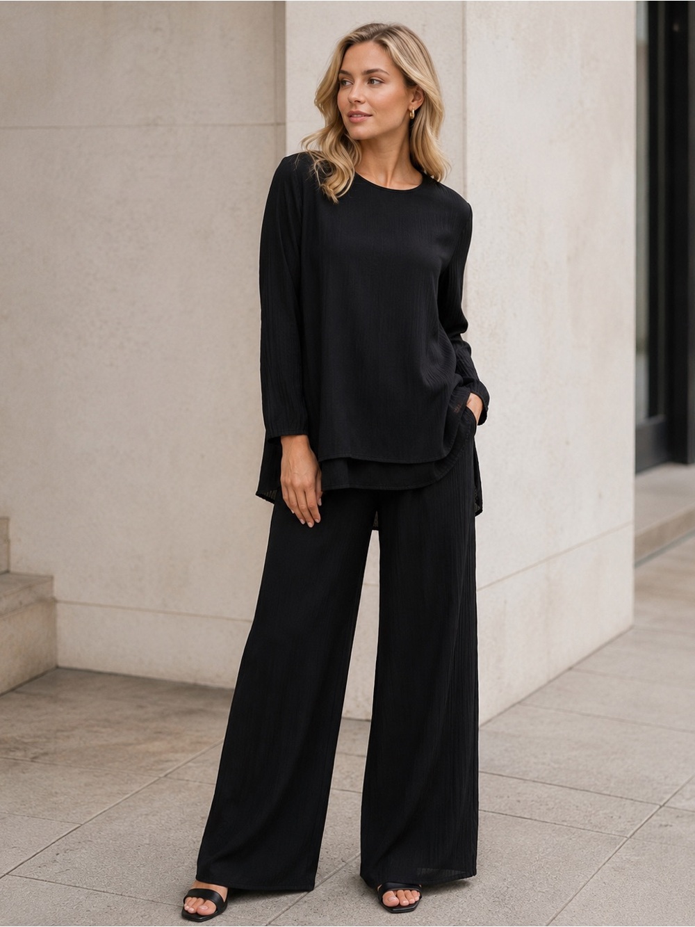 Designers Originals NU Black Textured Tunic & Wide Leg Pants 2-Piece Set